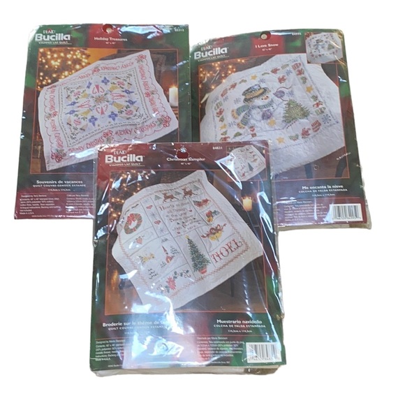 Bucilla Holiday 3 New Christmas Stamped Cross Stitch Lap Quilt Kits